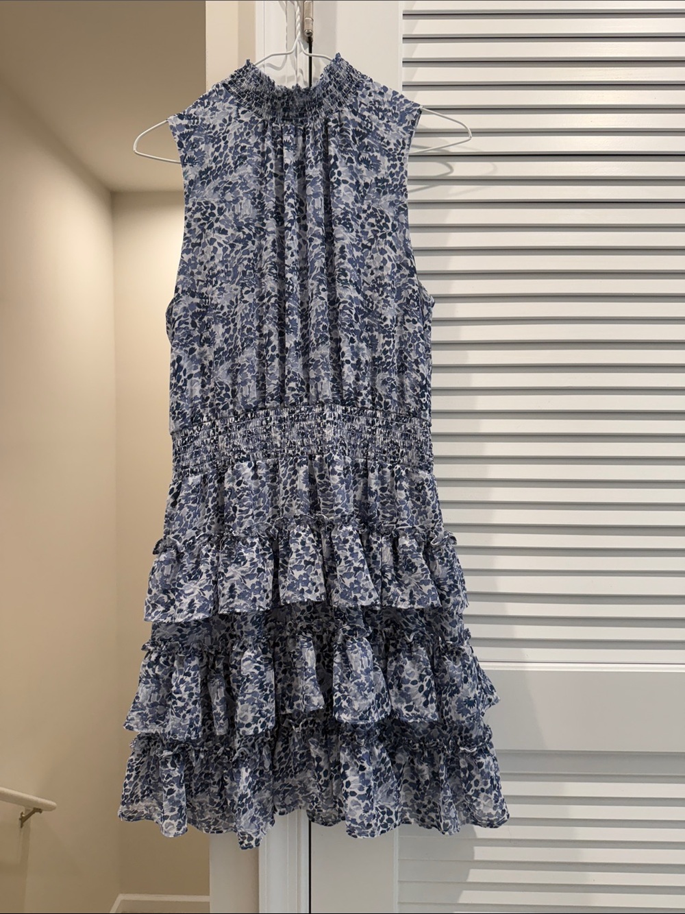 1. State Blue and White Floral Smocked Tiered Mini Dress